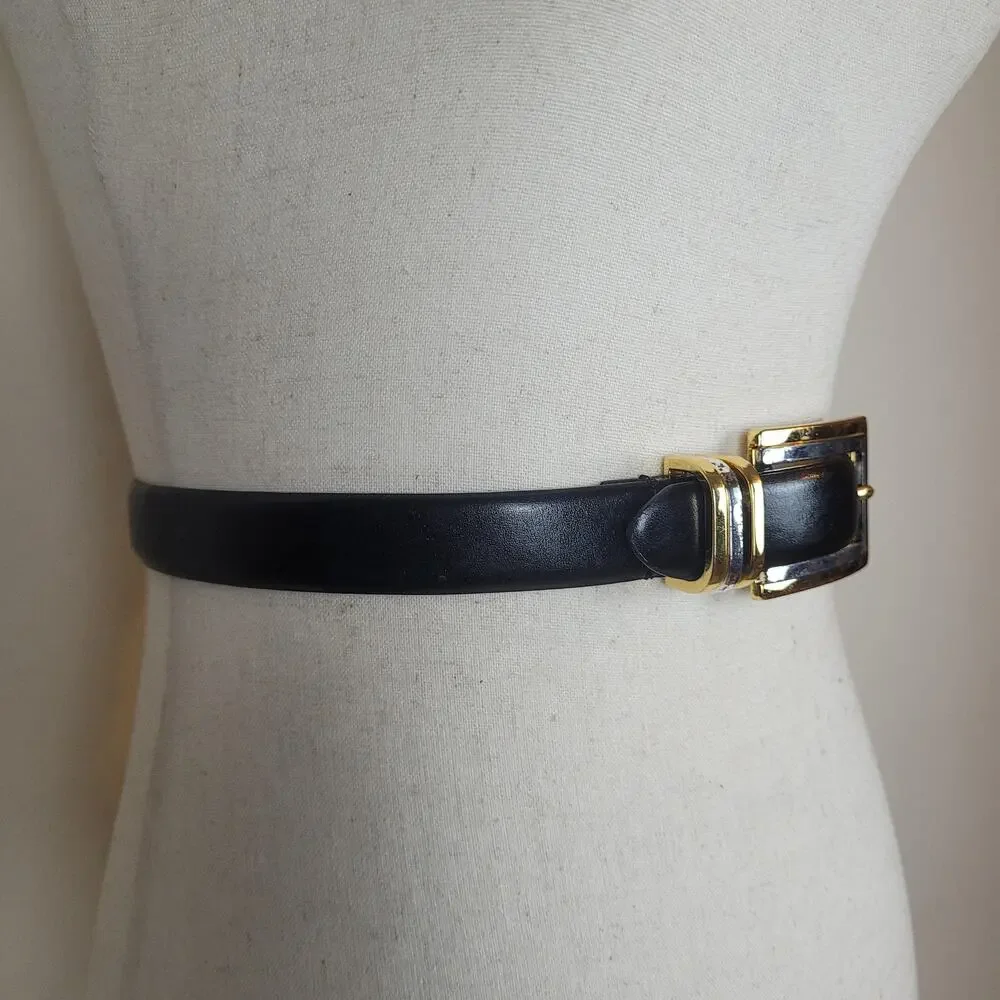 Perry Ellis Belt Small Black Leather Slim Minimalist Tailored 90s Elevated Retro